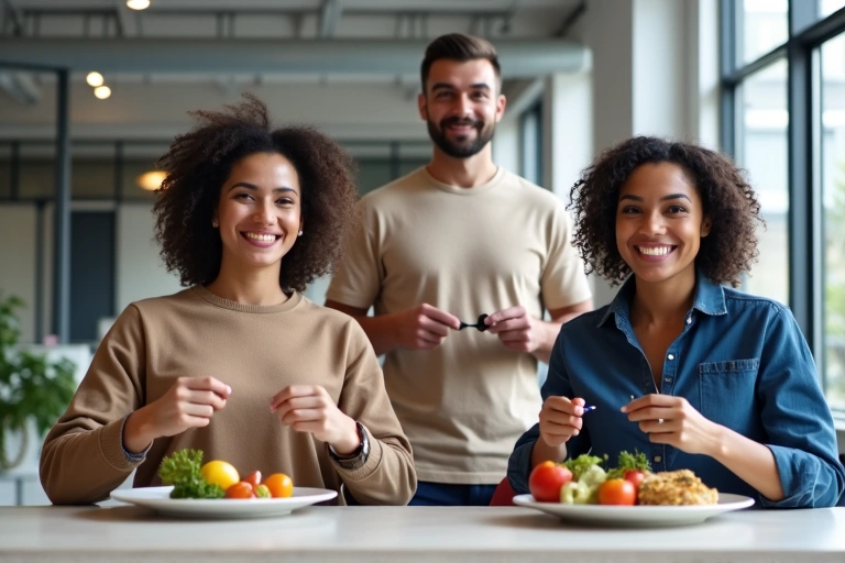 Vállalati wellness program, ahol kollégák együtt sportolnak és egészségesen étkeznek egy modern irodai környezetben, mosolyogva és energikusan.