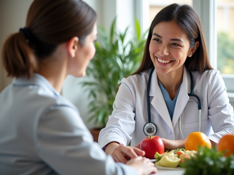 Dietetikus beszélget egy pácienssel, étrendtervezést vagy tanácsadást illusztrálva